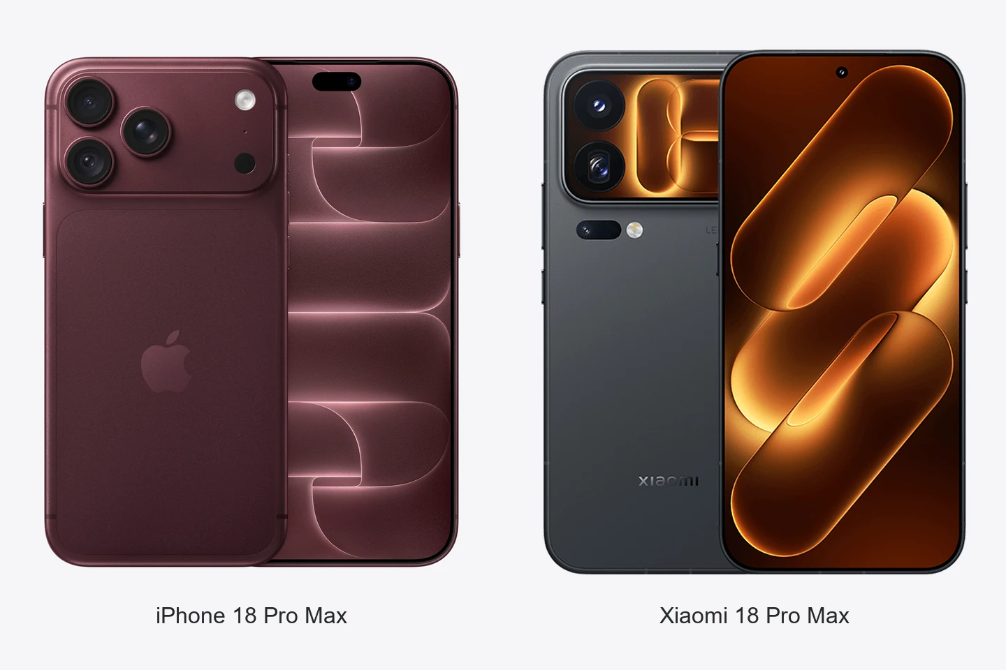 iPhone 18 Pro Max bordô e Xiaomi 18 Pro Max preto, em vistas frontal e traseira